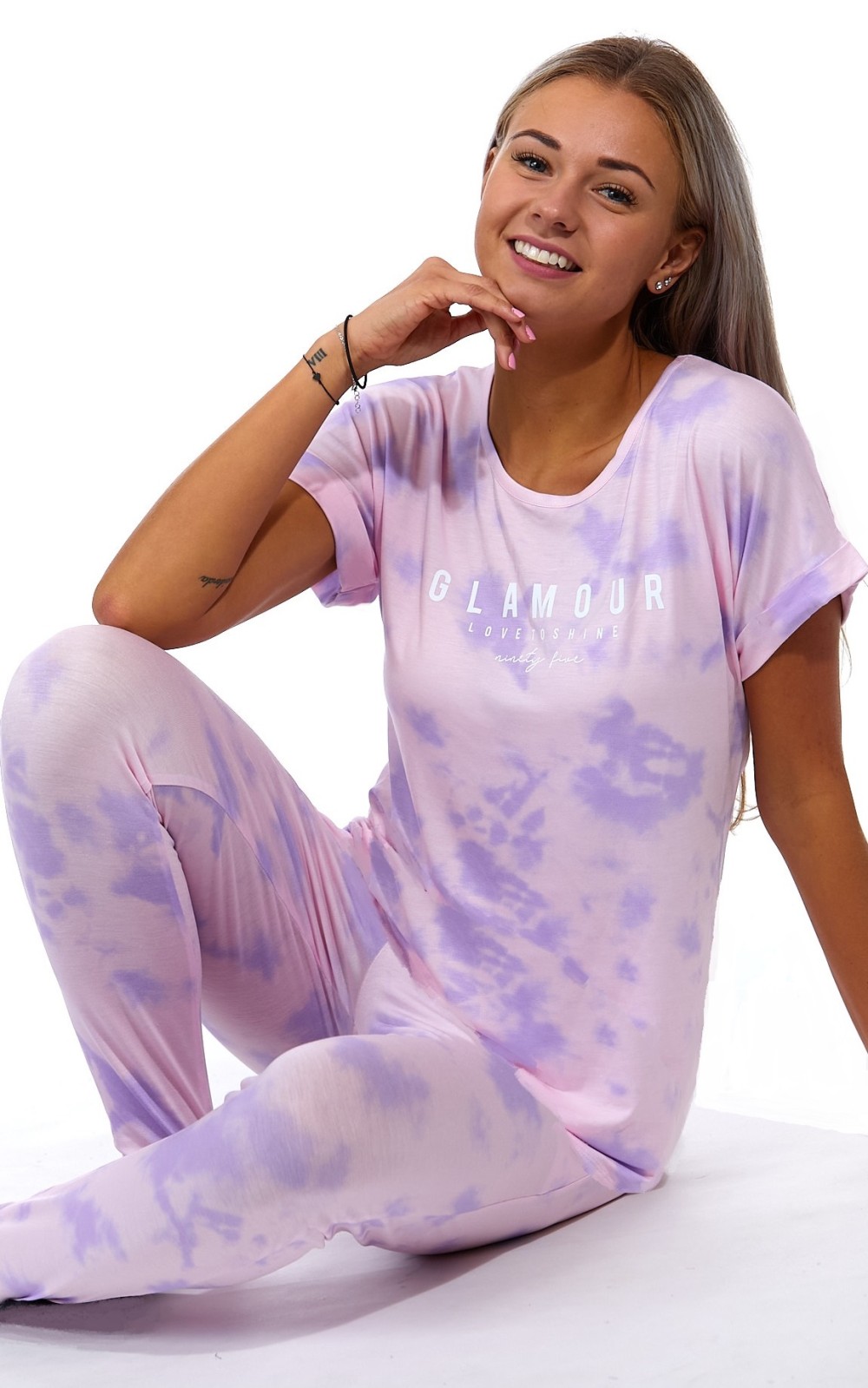 Fialovo růžové batikové jemné luxusní pyžamo s krátkým rukávem pro ženy, GLAMOUR