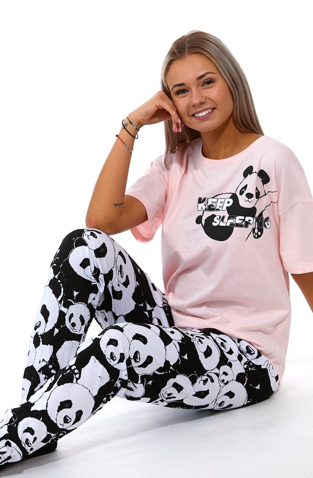 Růžová i černobílé dámské pyžamo keep sleeping - Spící panda 1B1714