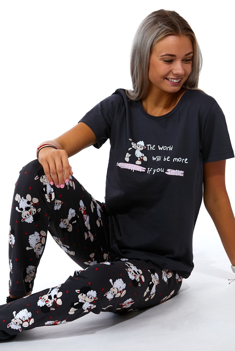 Tmavě modré i srdíčové dámské pyžamo, zamilovaný beránk a ovečka 1B1712