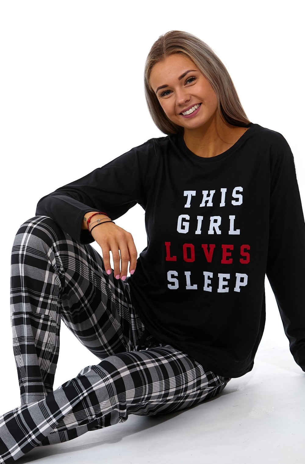Černo šedé kárované dámské pyžamo THE GIRL LOVES SLEEP 1B1735 