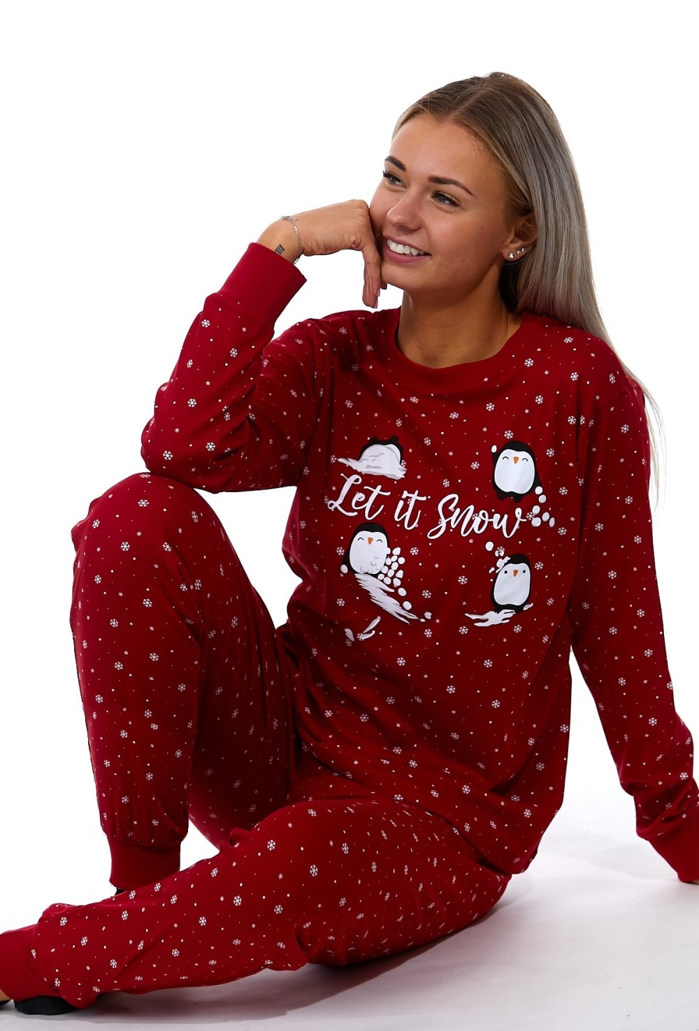 Vínové i bílé dámské pyžamo, sněhové vločky a tučňáci, Let it Snow  1B1719