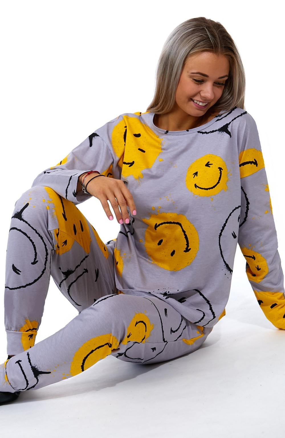 Žluté i šedé dámské pyžamo - SMAJLÍCI 1B1672