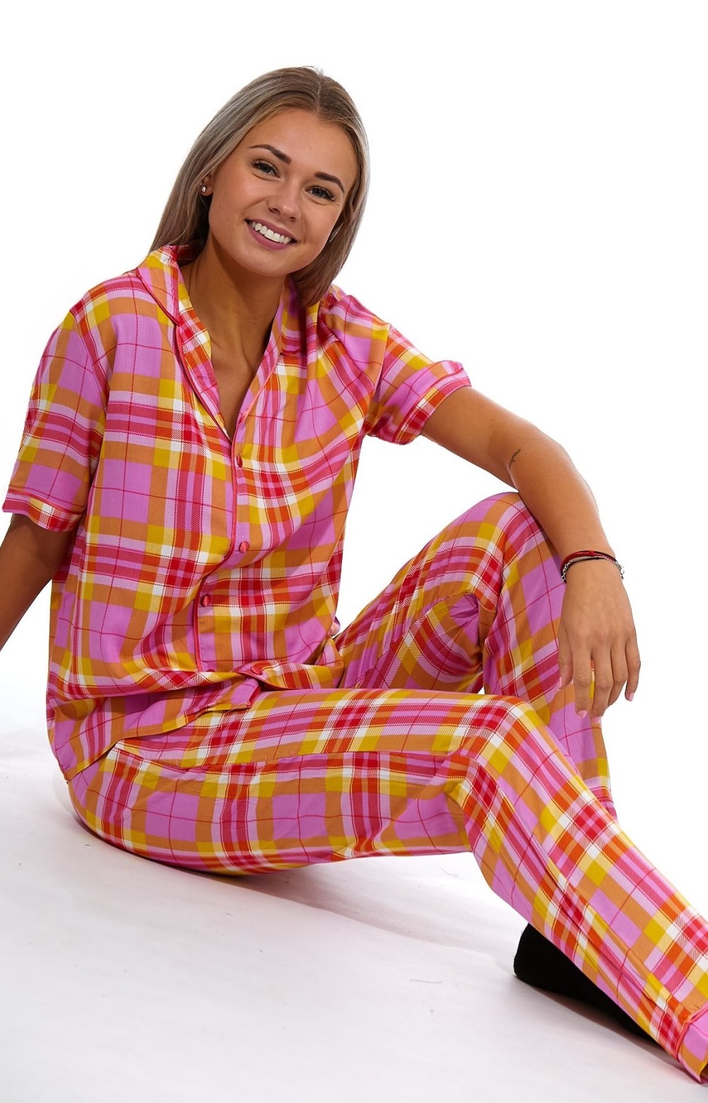 Růžové i žluté elegantní celo propínací pyžamo dámské - kostkované, kárované 1D1204