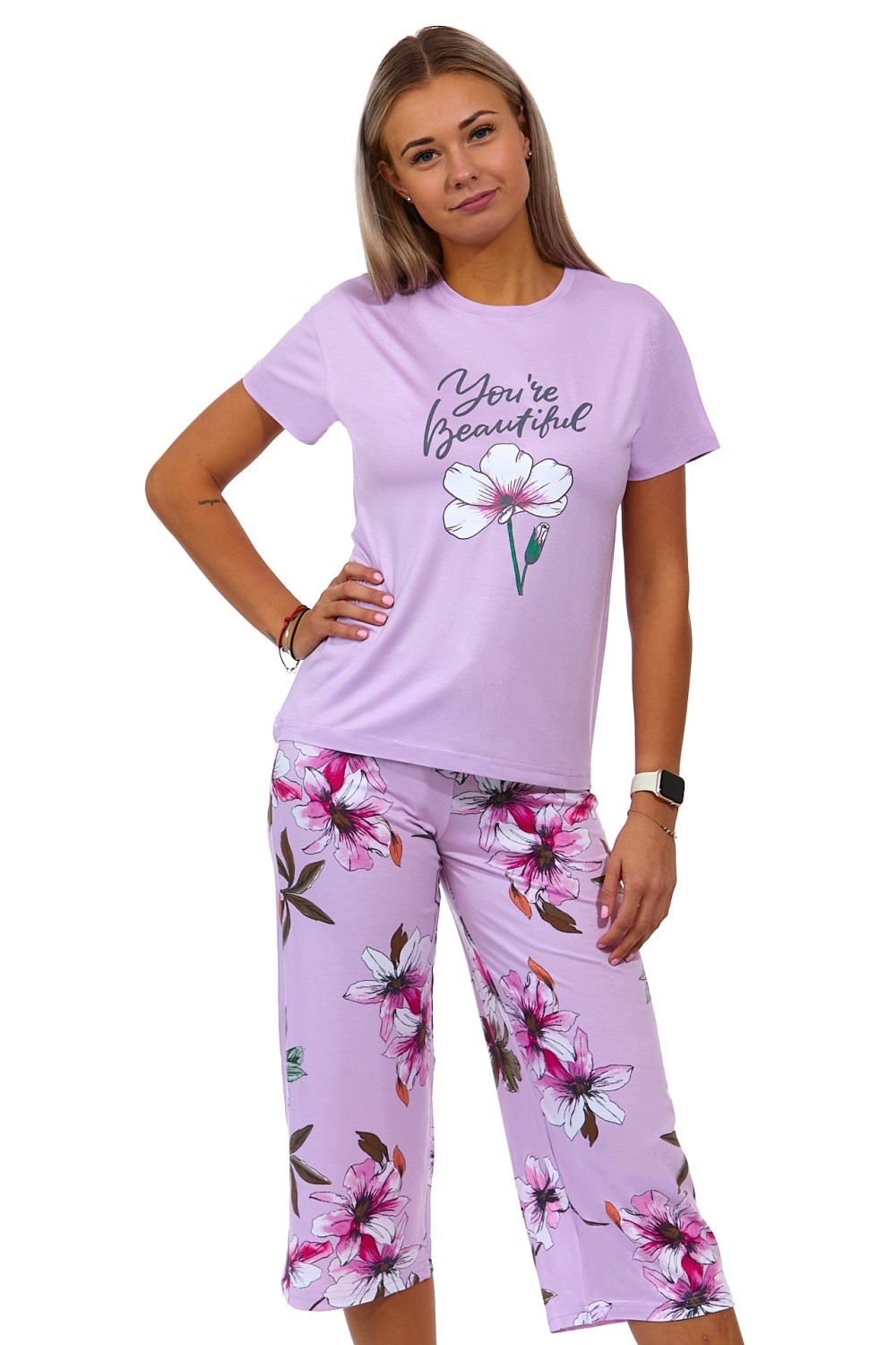 Fialové květinové jemné luxusní dámské pyžamo Capri - Youre Beautiful 1D1227