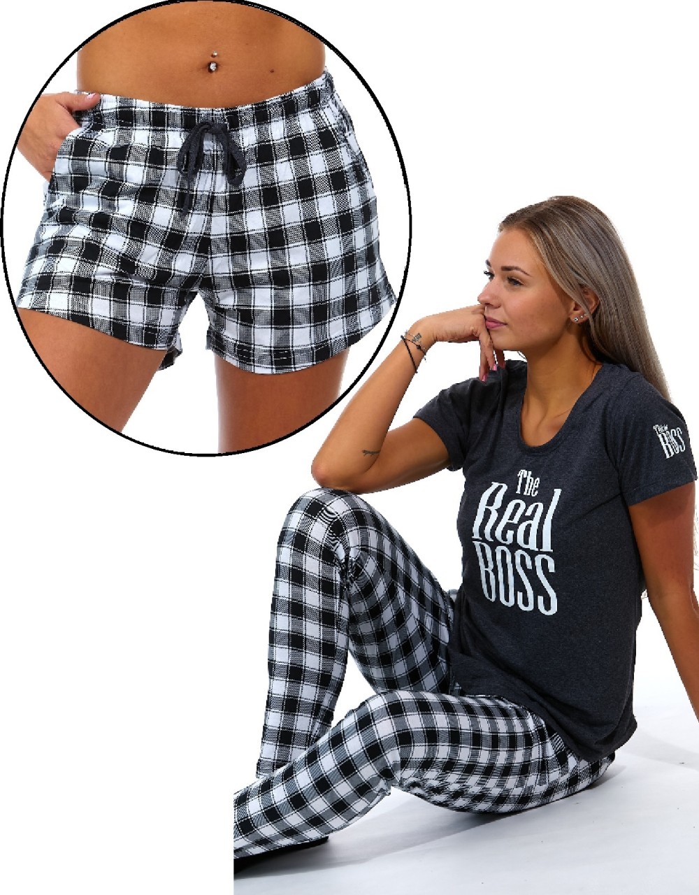 Šedé i kostkované Triko + dlouhé kalhoty + kraťasy, tři kusy v balení, The Real BOOS 1B1721