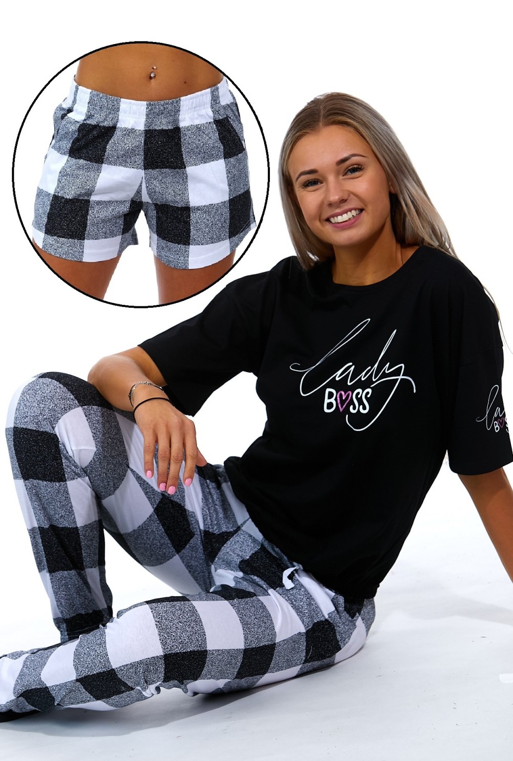 Černobílý kostkovaný komplet Triko + dlouhé kalhoty + kraťasy, tři kusy v balení LADY BOSS 1B1784