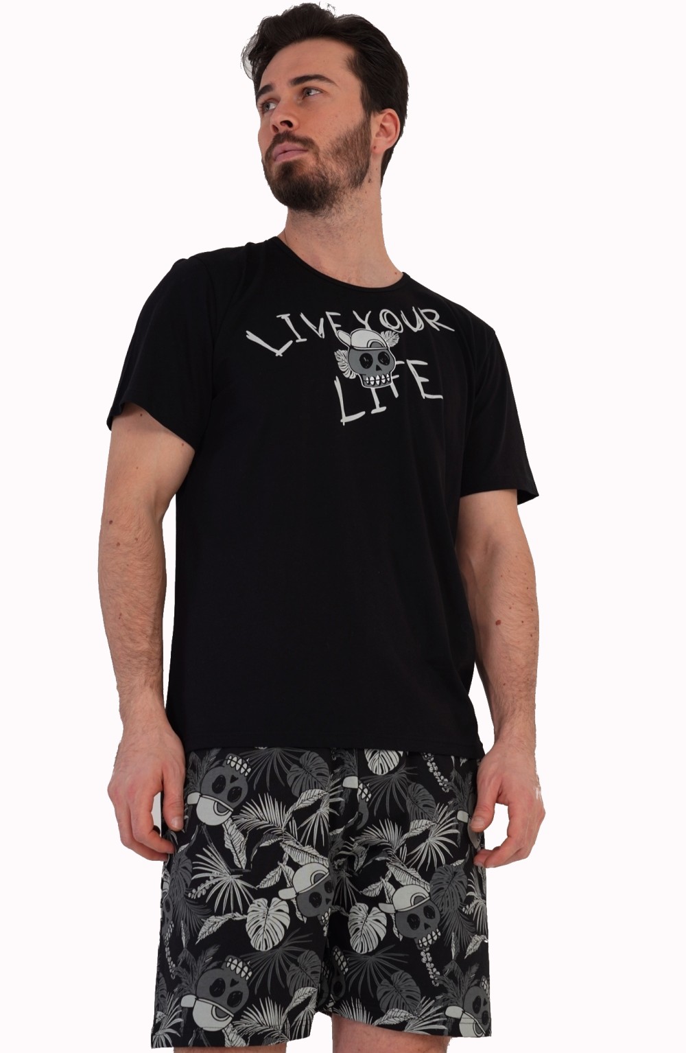 Černé, šedé i zelenošedé graffitové pyžamo pro muže LIVE YOUR LIFE, lebky designe