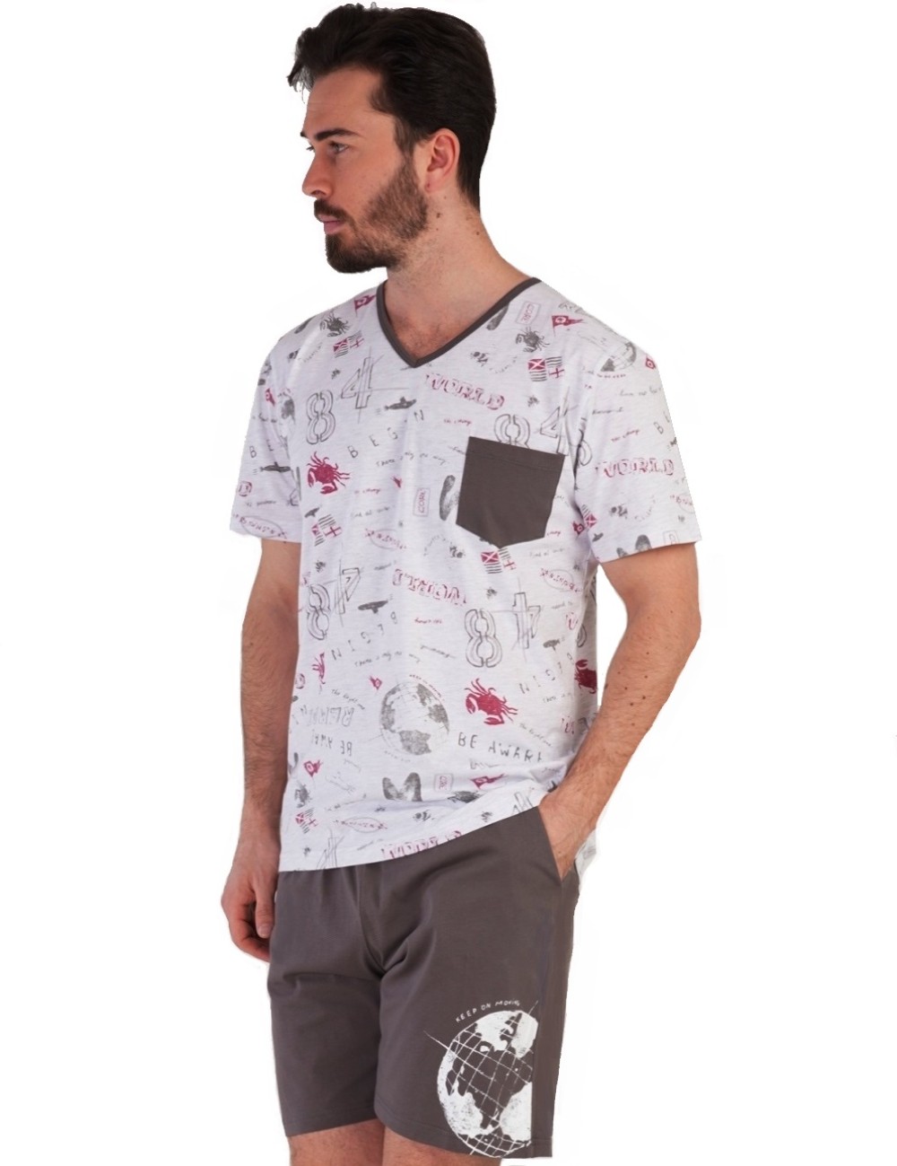 Khaki zelené i šedé s vínovými grafity pánské pyžamo GLOBUS - ZEMĚKOULE 1P1464