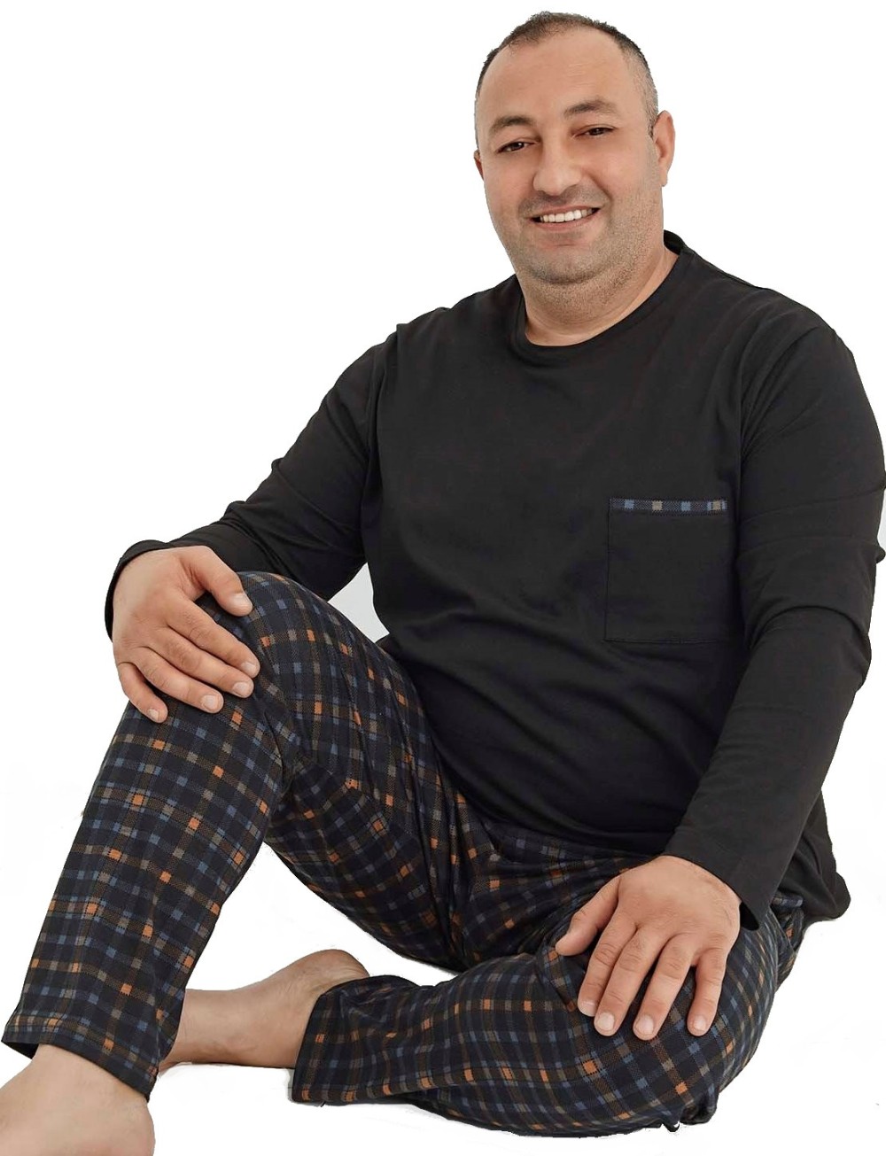 Černá i hnědomodré vzorované pyžamo pro plnoštíhlé muže  1P1492
