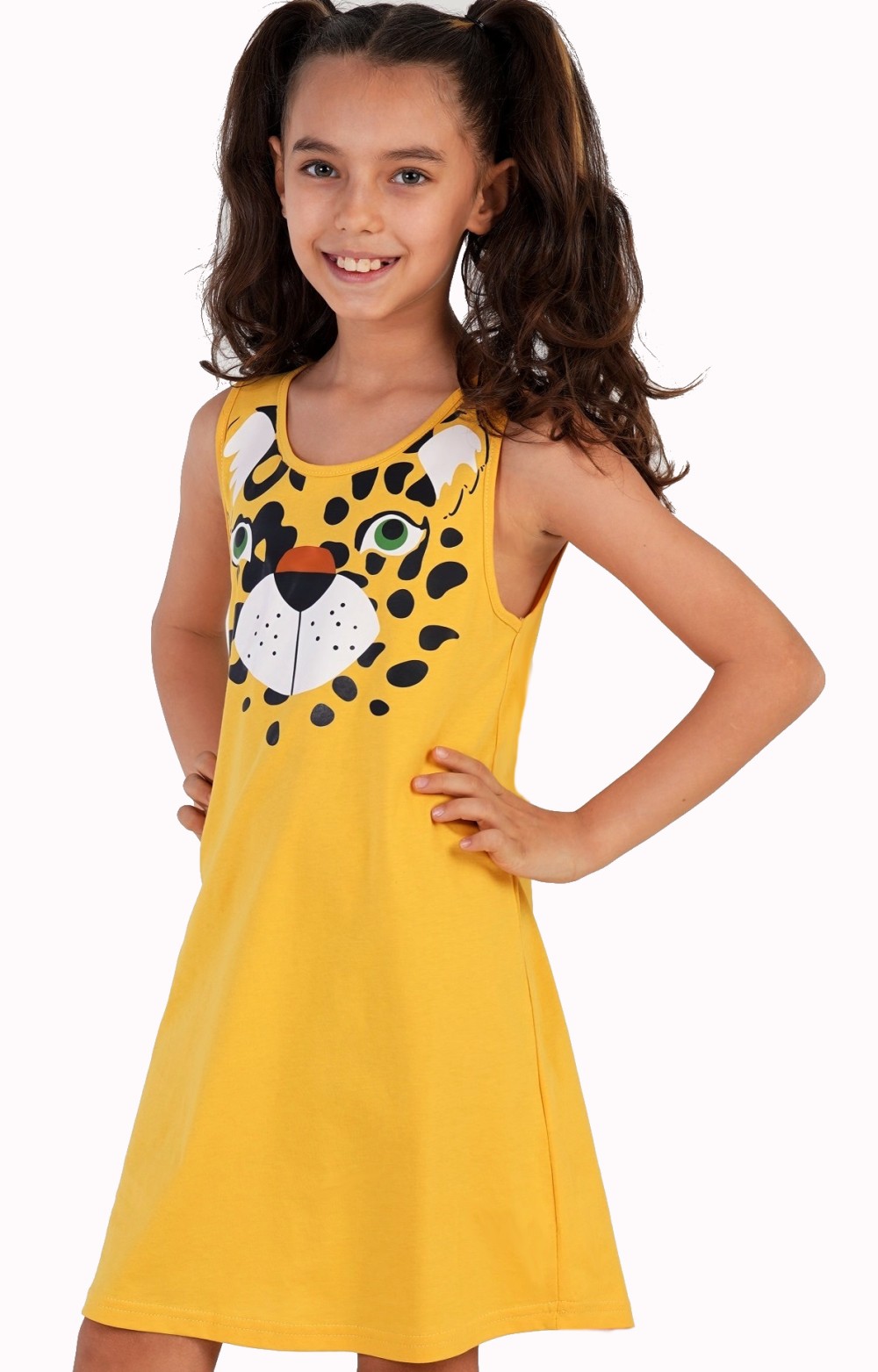 Žlutá dívčí noční košilka bez rukávů s tygram