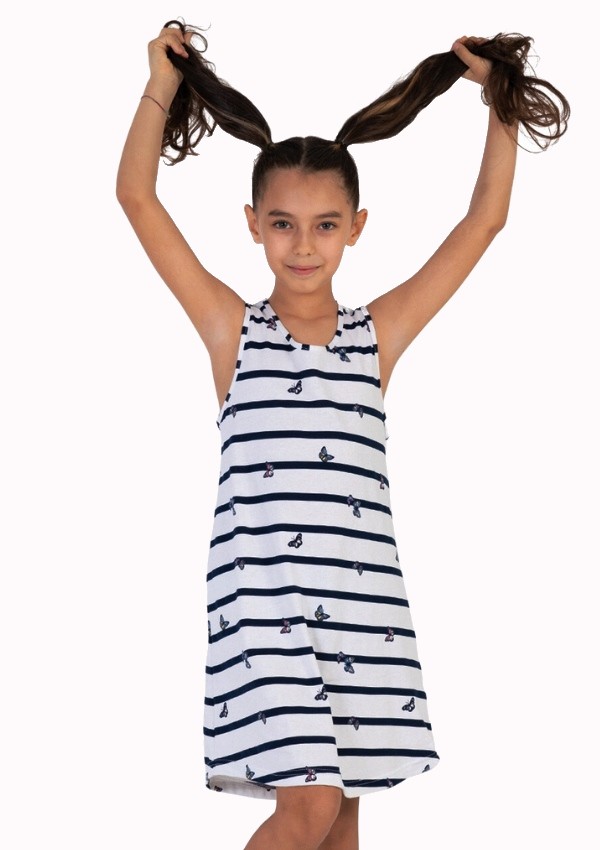 Modro bílá námořnická pruhovaná dívčí noční košilka s motýlky 1F0815