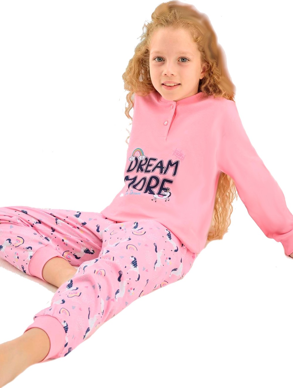 Růžové dívčí pyžamo na knoflíky u krku duhový jednorožci DREAM MORE