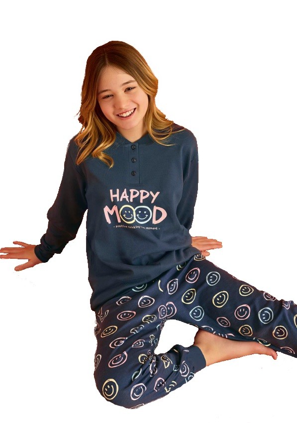 Tmavě modré pyžamo s duhovými smajlíky u krku na knoflíky, HAPPY MOOD