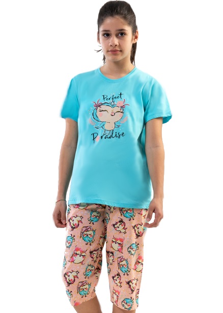Azurové i růžové dívčí pyžamo spící sovičky 1F0867