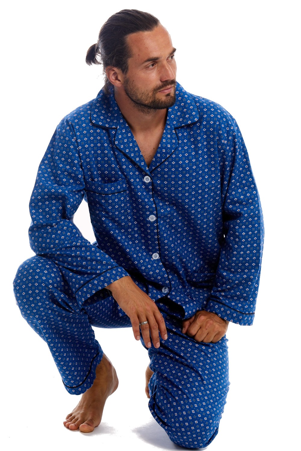 Modré kostičkované klasické pyžamo z teplého flanelu pro plnoštíhlé muže - big 1PF0064