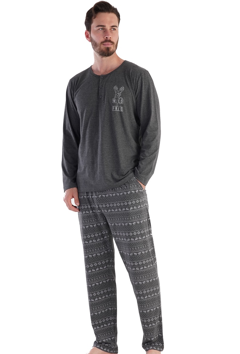 Tmavě šedé pyžamo s knoflíky, norsykým vzorem a jelenem, pro muže 1P1532