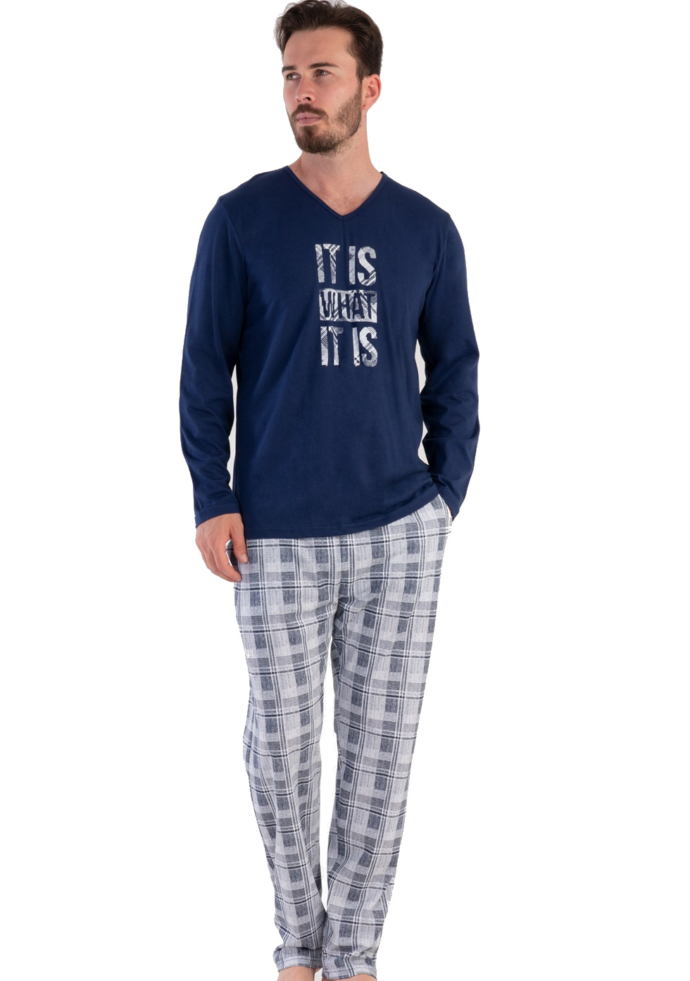 Modré i šedě žíhané pyžamo pro plnoštíhlé muže IT IS WHAT IT IS big 1P1525