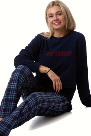 Dámské hřejivé pyžamo modro-šedě-vínové káro HIT SNOOZE