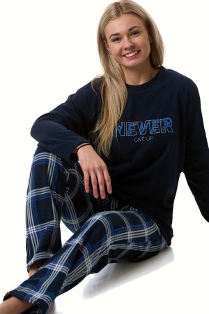 Dámské hřejivé pyžamo modro-šedé káro NEVER GIVE UP