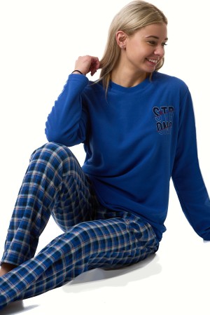 Dámské hřejivé fleece pyžamo modré káro BE STRONG