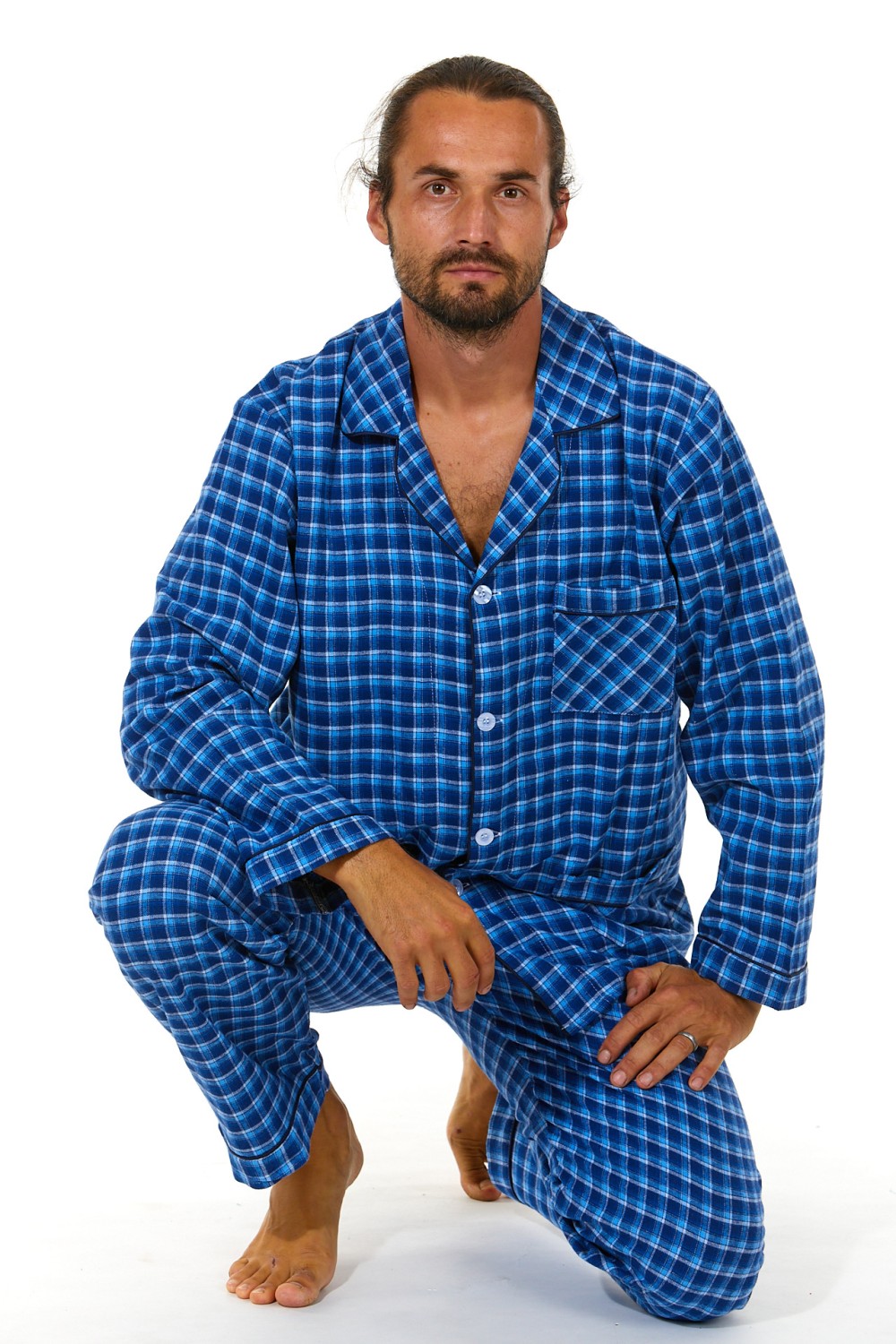Modré kárované TEPLÉ klasické pyžamo pro muže z flanelu 1PF0062