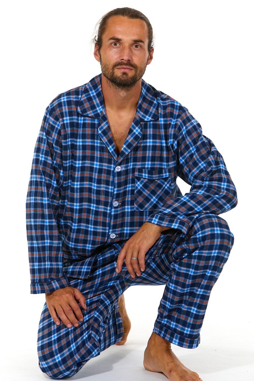 Modro červené kárované teplé klasické pyžamo pro muže z flanelu 1PF0060