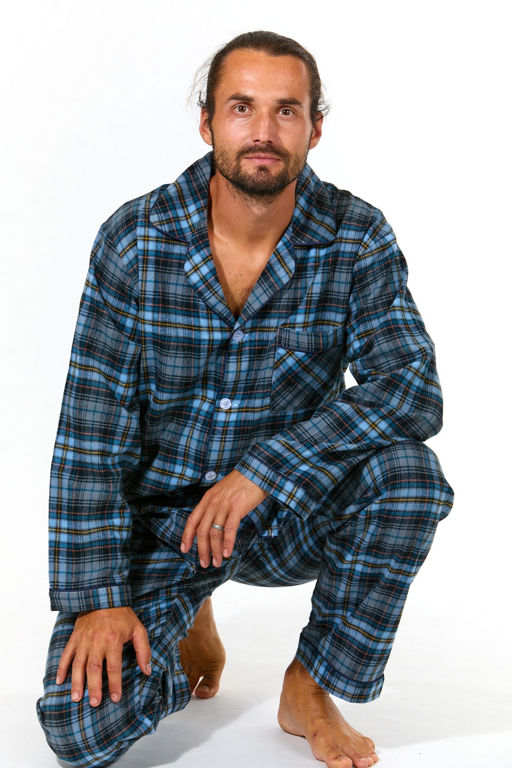 Modro hnědé kárované teplé klasické pyžamo pro muže z flanelu 1PF0058