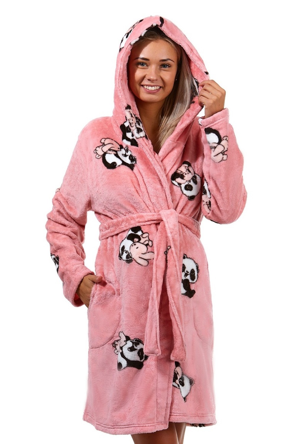 Růžový i černobílý dámský huňatý župan s Pandami