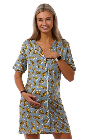 Šedá tygří elegantní jemná kojící košilka celopropínací s límečkem