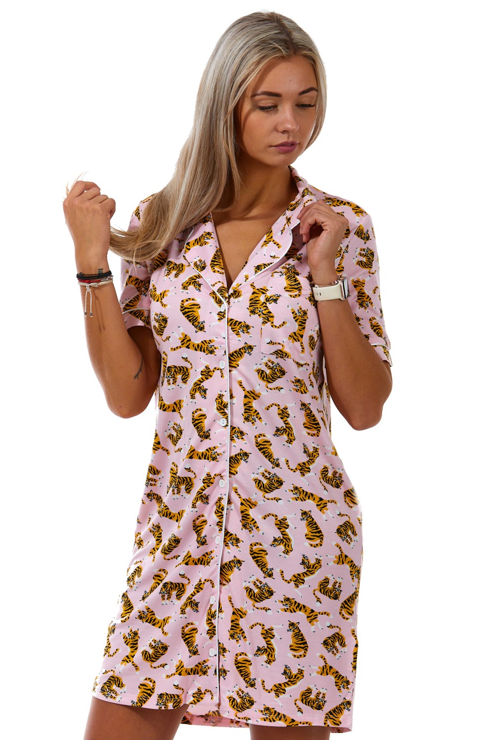 Růžová tygří elegantní jemná dámská košilka celopropínací s límečkem