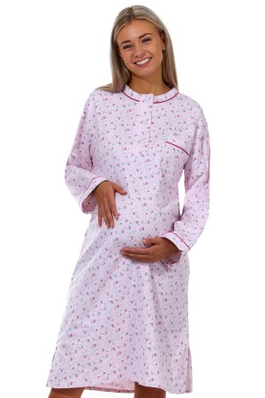 Růžová květinová flanelová extra TEPLÁ noční košilka kojící - dlouhá 1DF0025