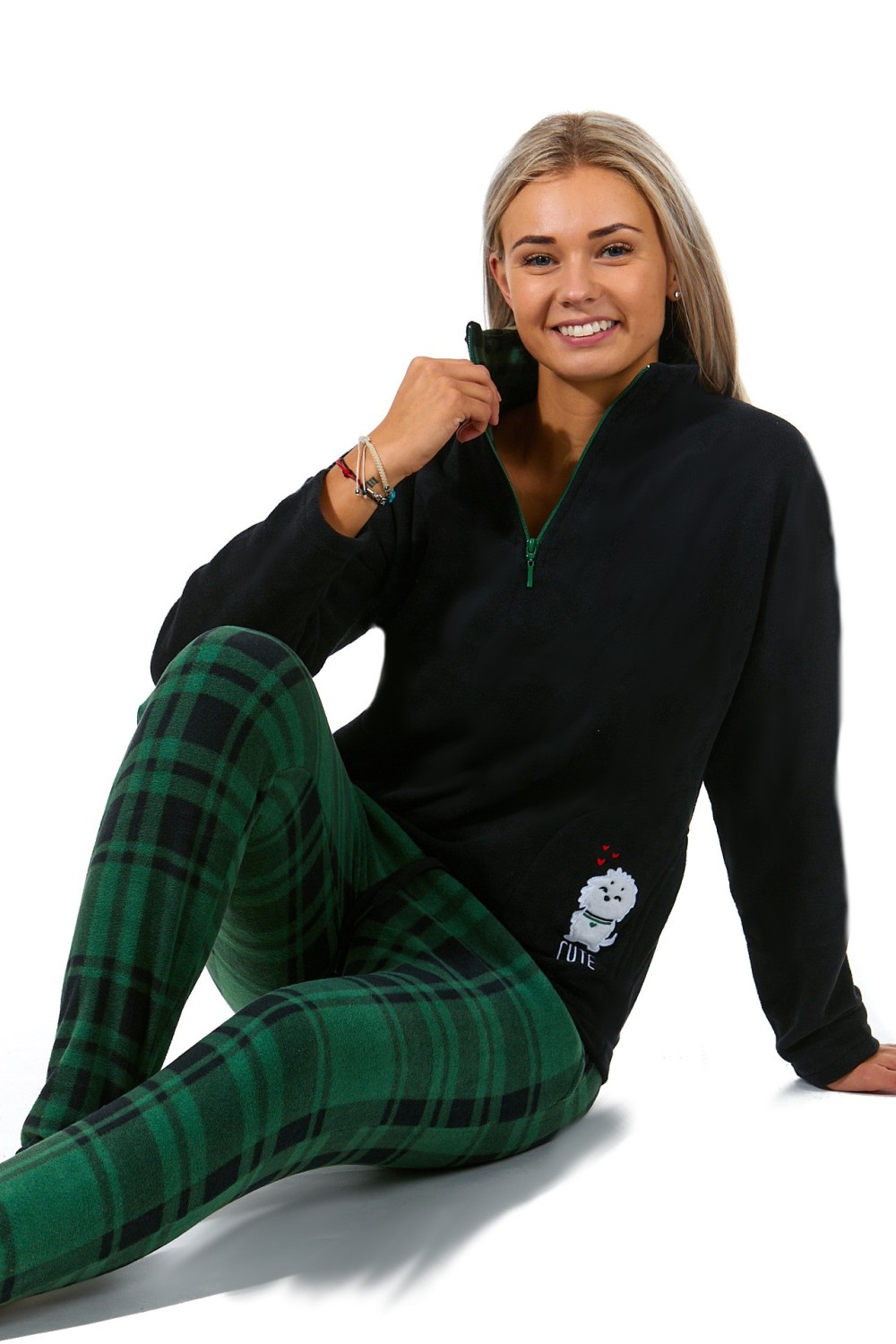 Zelené i černé kárované luxusní hřejivé dámské pyžamo na zip CUTE