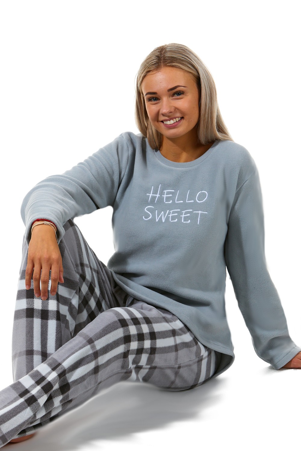 Šedé kárované luxusní hřejivé pyžamo pro plnoštíhlou ženu HELLO SWEET