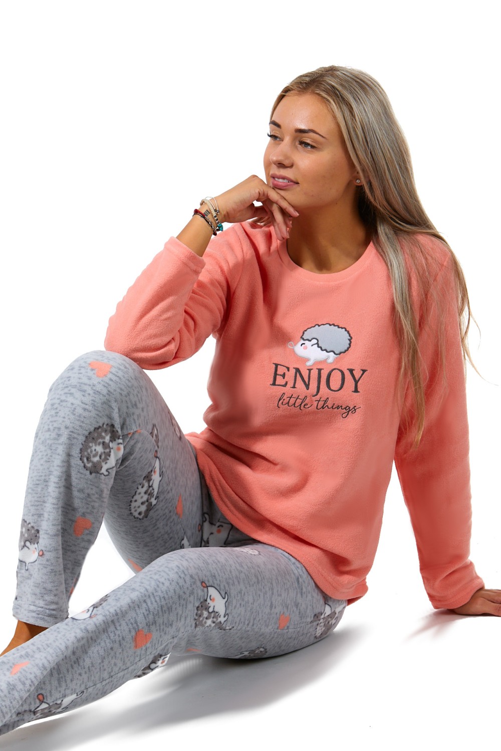 Meruňkové i šedé luxusní hřejivé pyžamo pro plnoštíhlé ženy Ježek ENJOY, big
