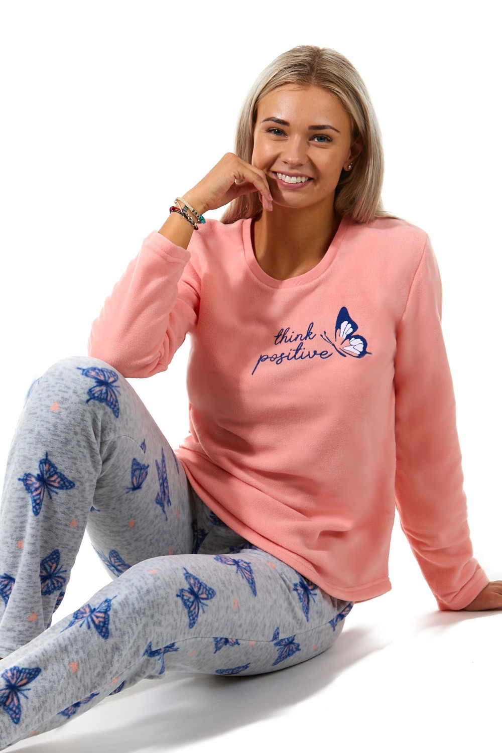 Meruňkové i šedé s modrými motýlky luxusní hřejivé dámské pyžamo 1Z1486