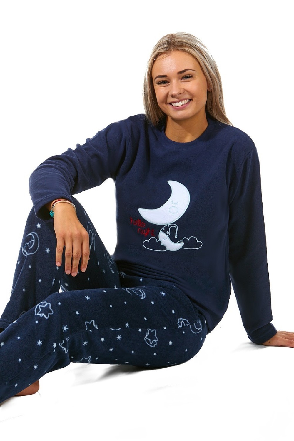 Tmavě modré se vzorem noční oblohy luxusní hřejivé dámské pyžamo Zimní měsíc 1B1801