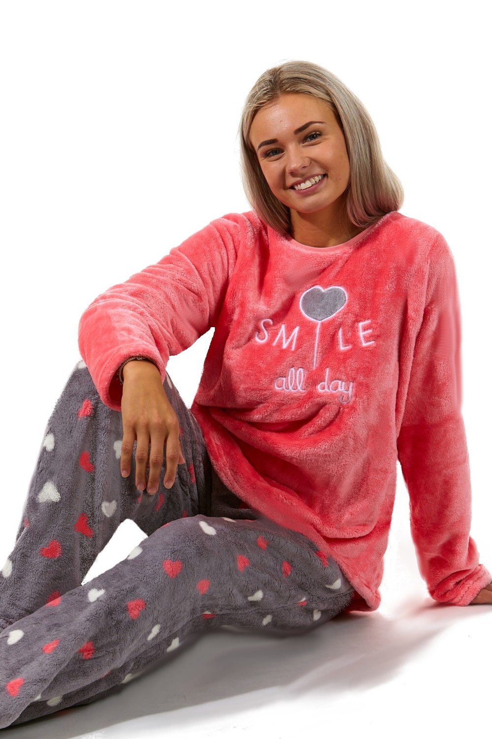 Jahodová i šedá srdíčková extra teplá souprava na zimu pro plnoštíhlou ženy SMILE all day, big