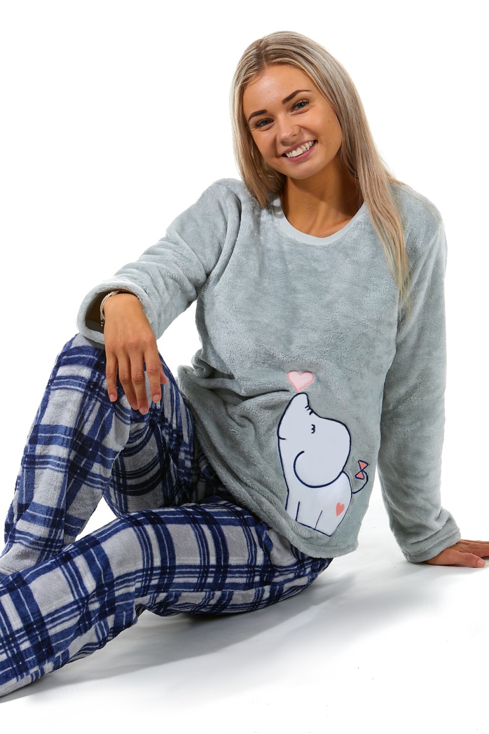 Šedá i modře károvaná extra teplá souprava na zimu pro ženy, zamilovaný slon