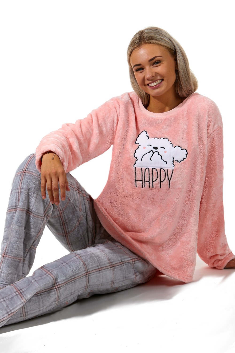 Růžová i šedá károvaná extra teplá souprava na zimu pro plnoštíhlou ženy HAPPY bílý pejsek, big