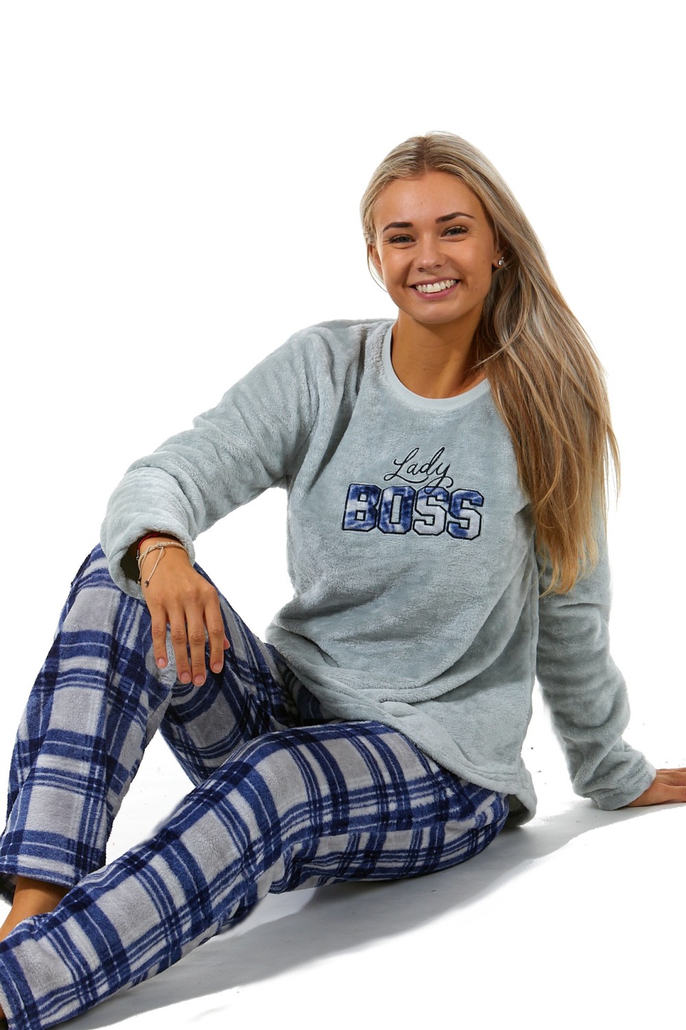 Šedá i modrá károvaná extra teplá souprava na zimu pro ženy Lady BOSS