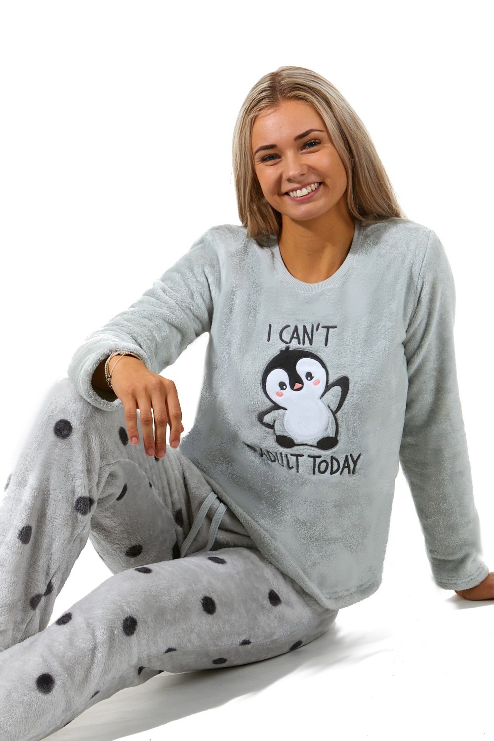 Šedá puntíkatá extra teplá huňatá souprava na zimu pro ženy s Tučňákem 1Z1438