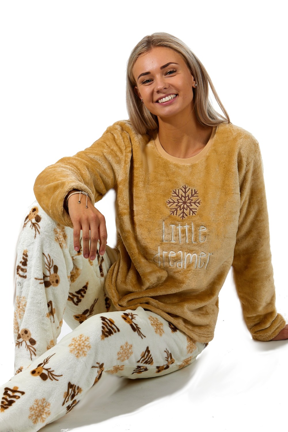 Hnědé i béžové extra teplé pyžamo dámské s jeleny i sněhové vločky a Vánoce - Malý snílek 1Z1433