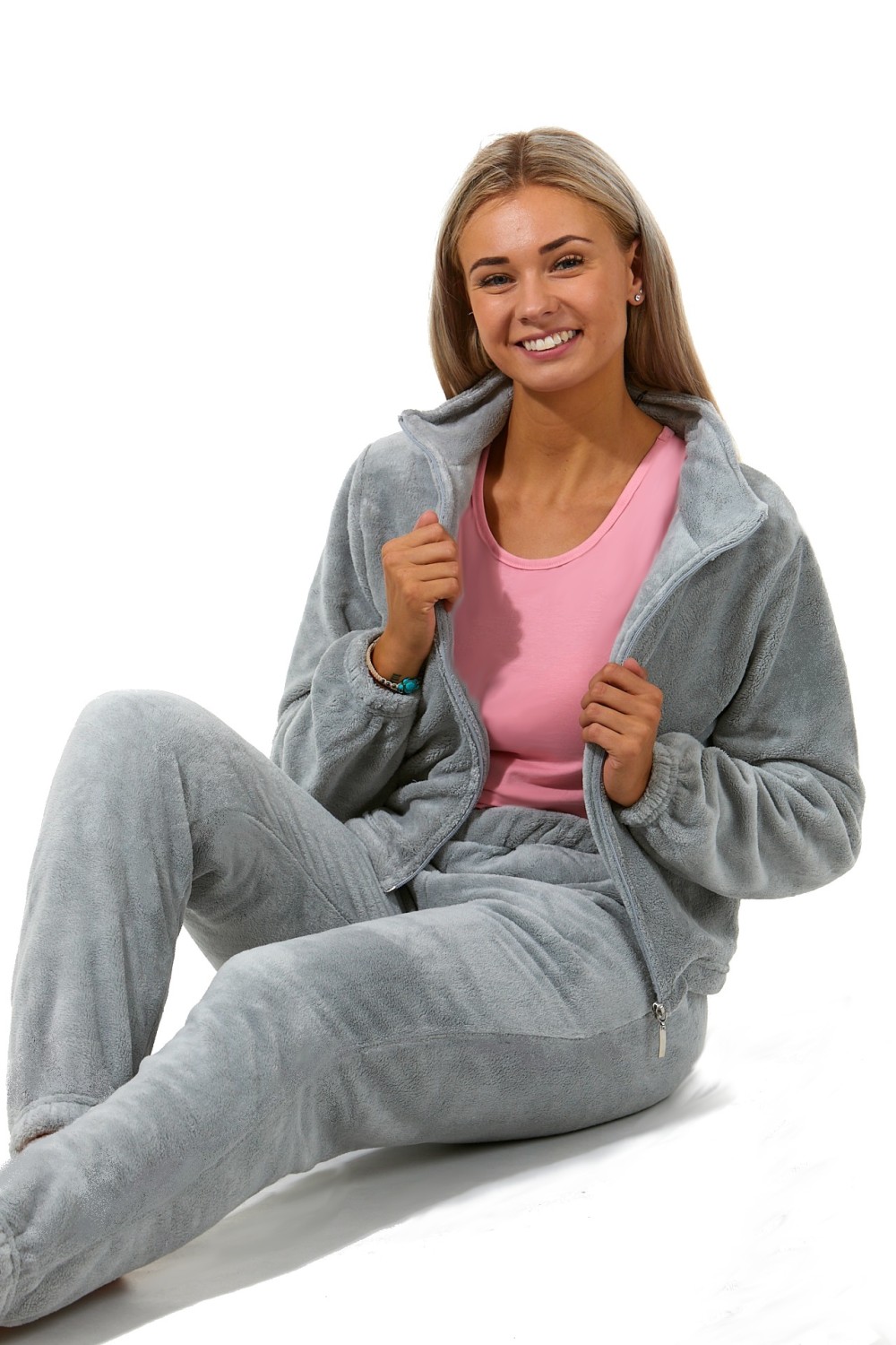Šedá extra teplá souprava na zimu pro ženy celozipové se stojákem + růžové tílko