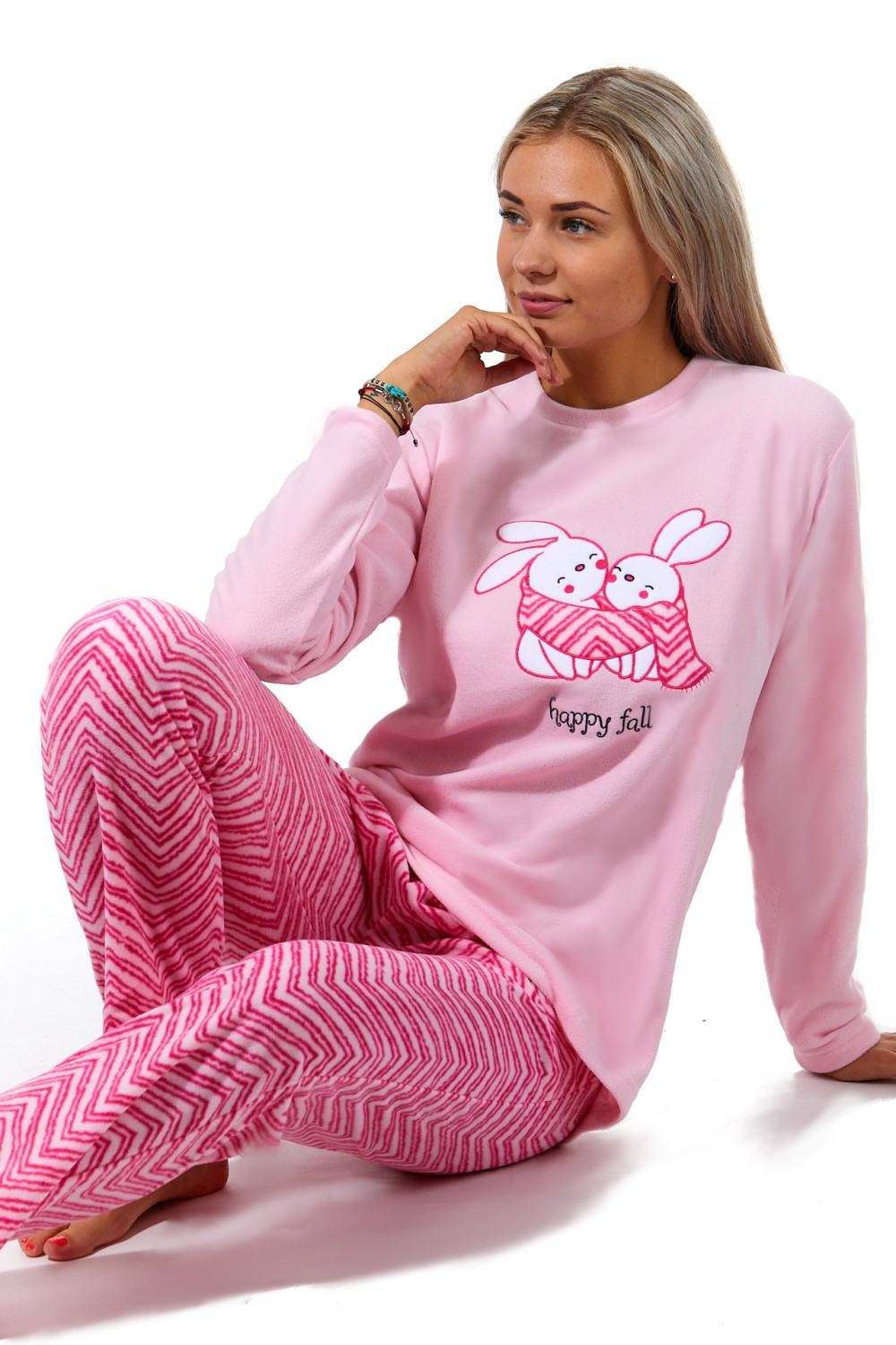 Růžové luxusní hřejivé dámské pyžamo dva mazlivý králíčci 1Z1499