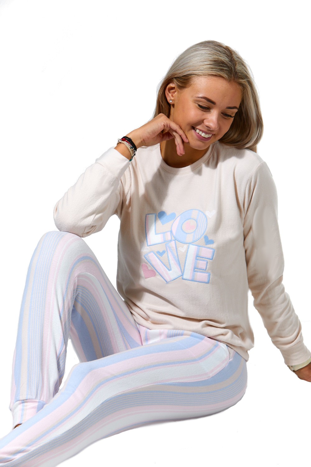 Smetanové růžové i modré pruhované luxusní hřejivé dámské pyžamo LOVE