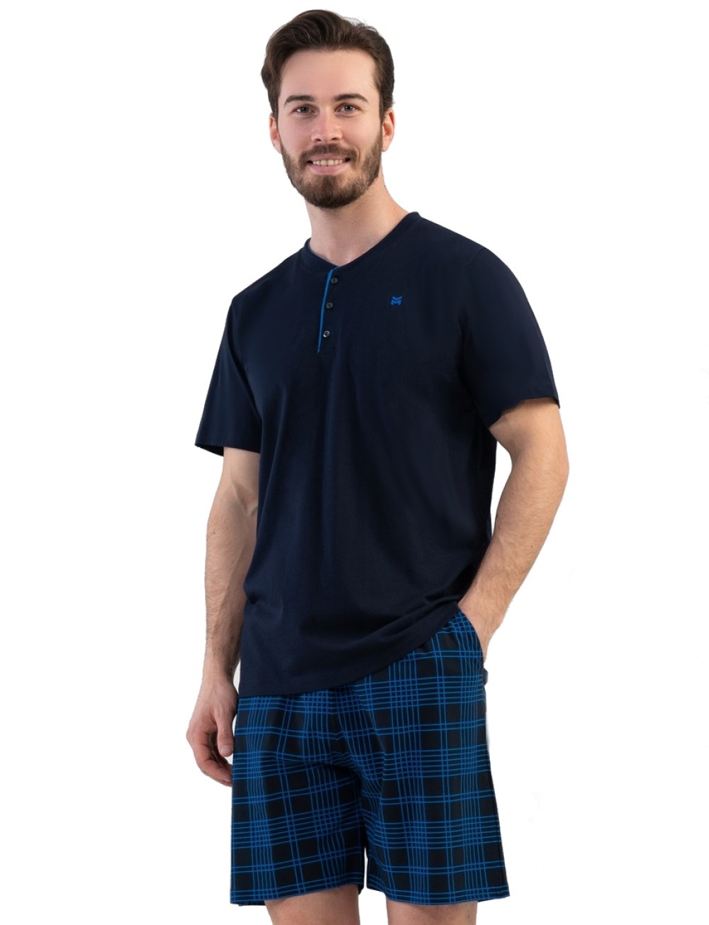 Tmavě modré a modře kárované pyžamo s knoflíky pro muže  1P1543