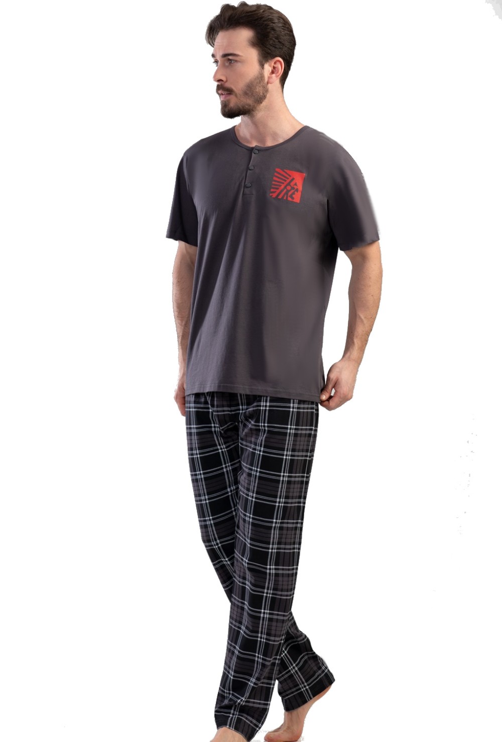 Tmavě šedé i černo šedé kárované pyžamo pro muže s knoflíky INDIÁN