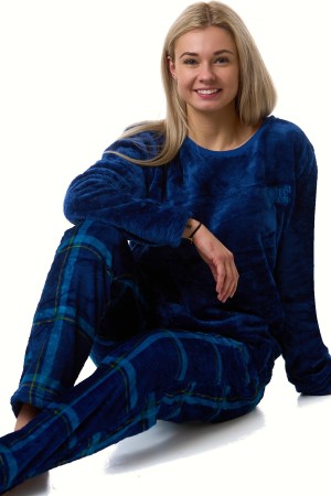 Modré kárované huňaté extra teplé dámské pyžamo