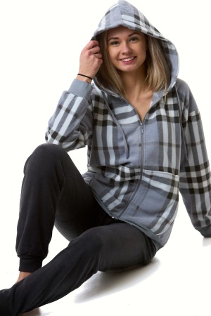 Šedé a bílé kárované hřejivé dámské pyžamo s kapucí na zip