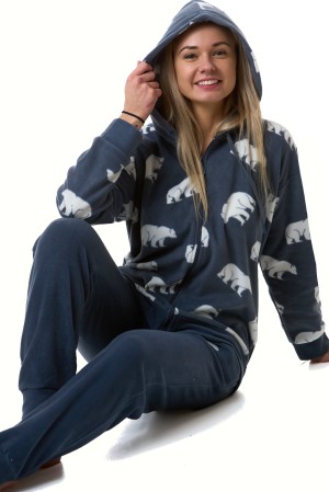 Hřejivé dámské fleecové pyžamo s kapucí lední medvědi